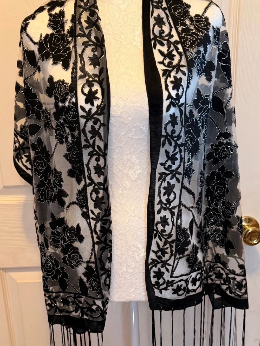 Black & White Floral Sheer Fringe Scarf